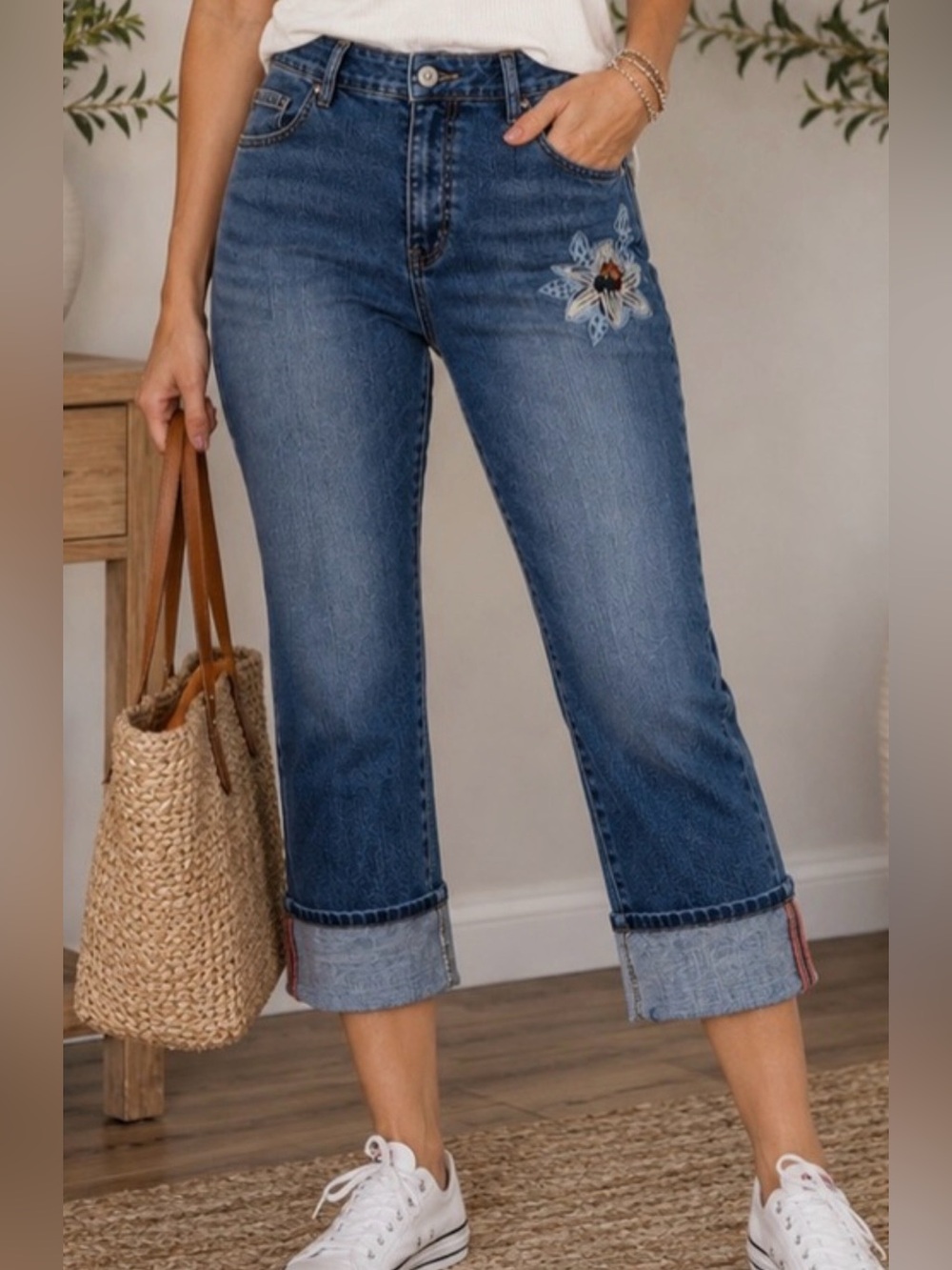 Chico's Blue Ankle Jeans with Embroidered Floral Design. Mustang jeans. Size 12